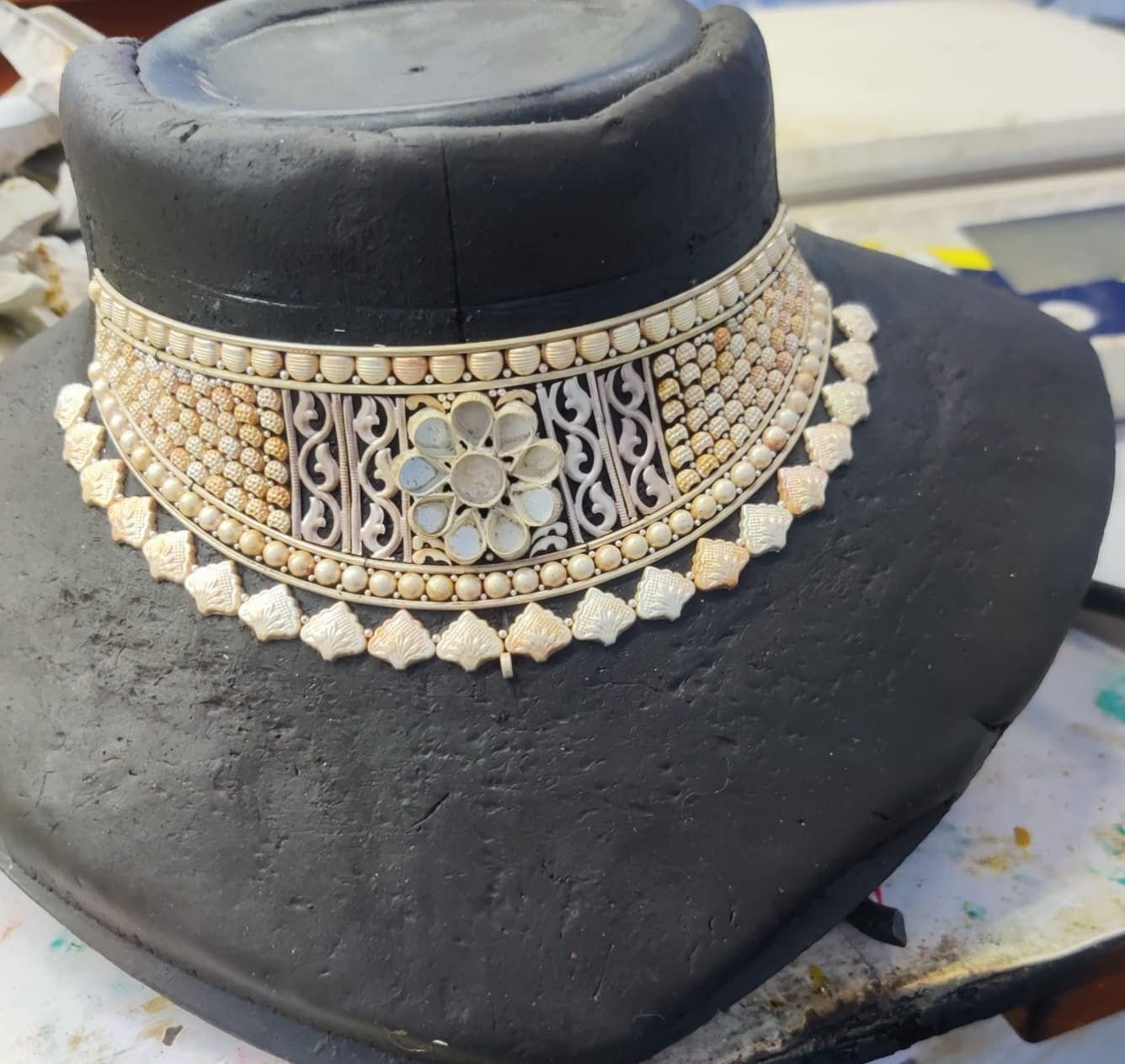 Handcrafted Silver Hasli Choker with Floral Rosette - Zaveri Mahal Jaipur