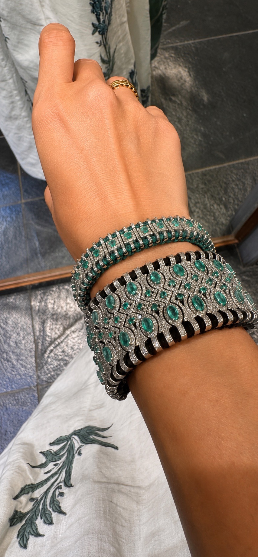 Emerald & Diamond Dual Cuff Bangles (Wrist View) - Zaveri Mahal Jaipur