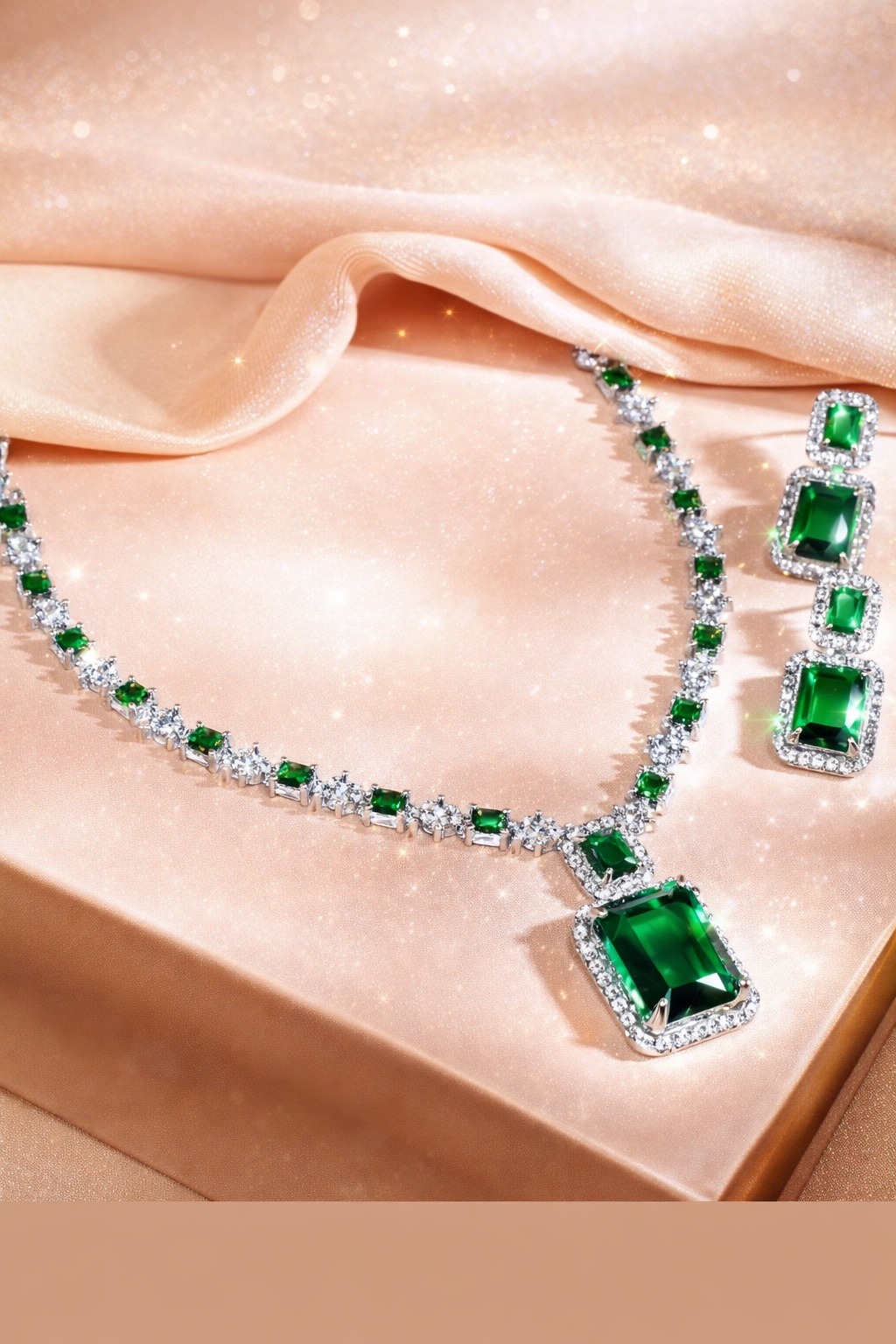 Colombian Emerald Step-Cut Necklace & Earring Suite - Zaveri Mahal Jaipur