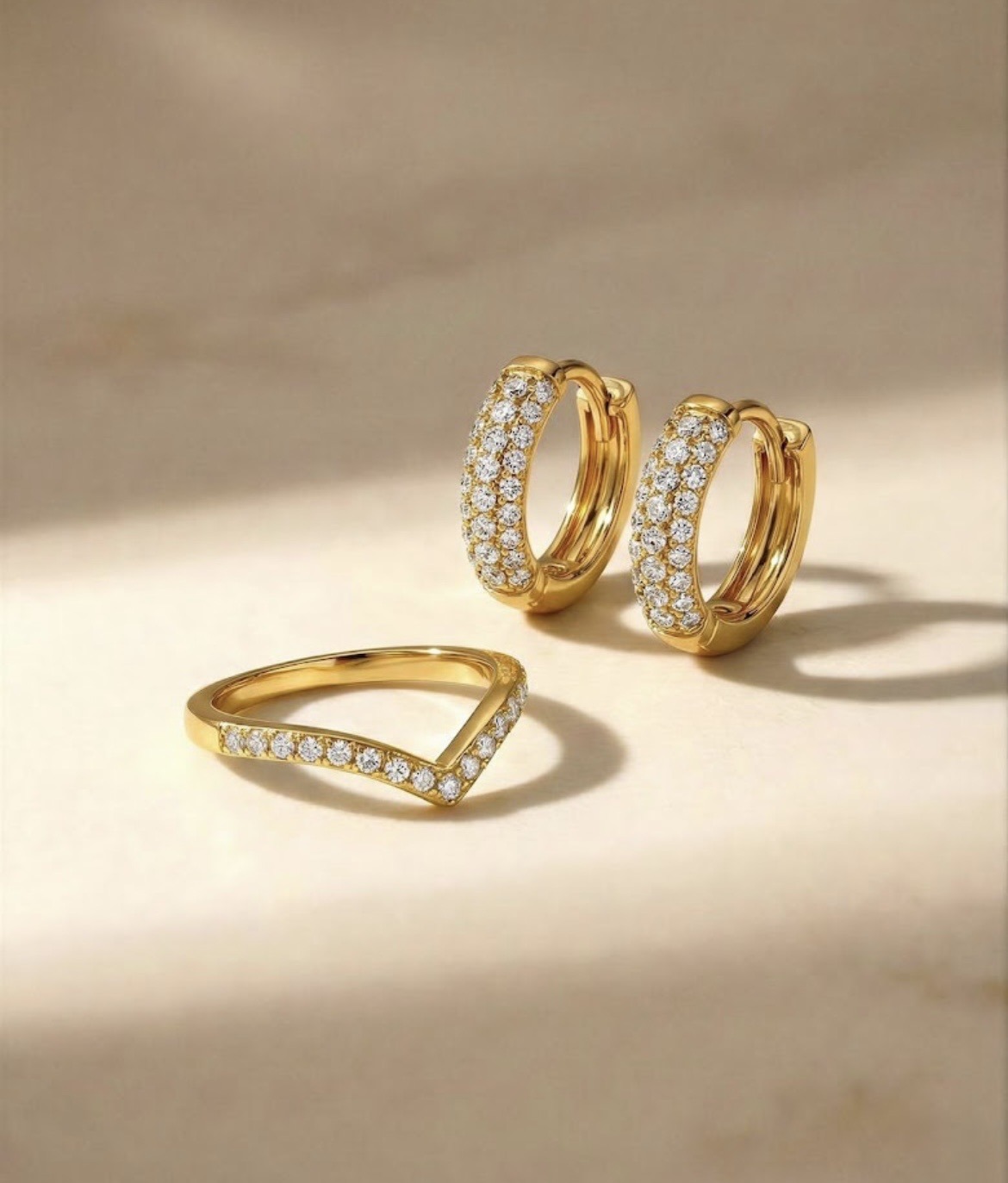 Diamond Pavé Huggie Hoops & Chevron Band Set - Zaveri Mahal Jaipur