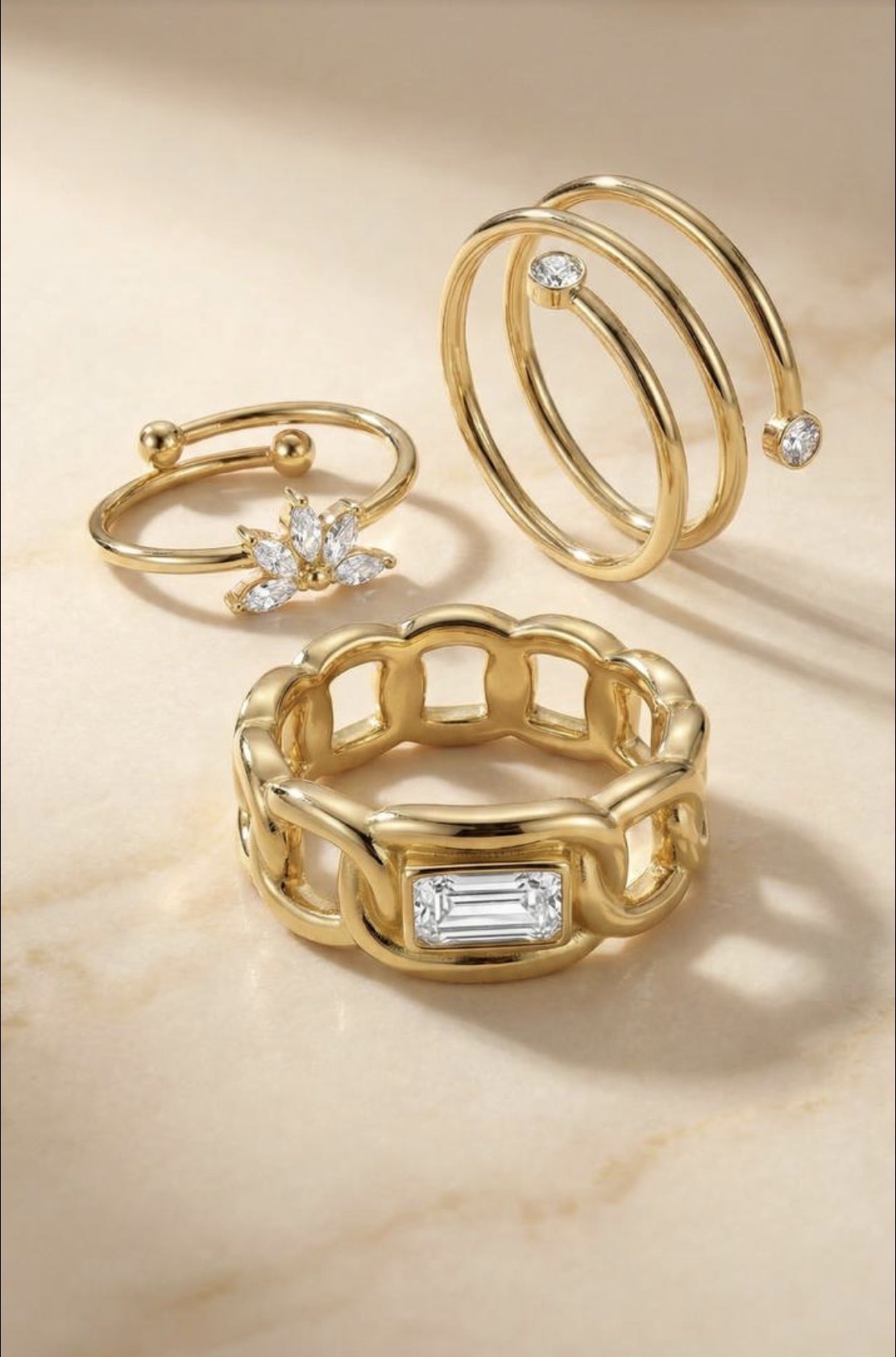 Modern Gold Baguette Curb Chain Ring & Spiral Coil Bands - Zaveri Mahal Jaipur